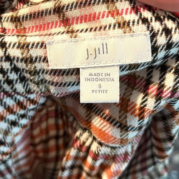 GUC $89 J.Jill Women's SP Ruffle Beige Black Front Plaid Button Down Shirt - Picture 8 of 8